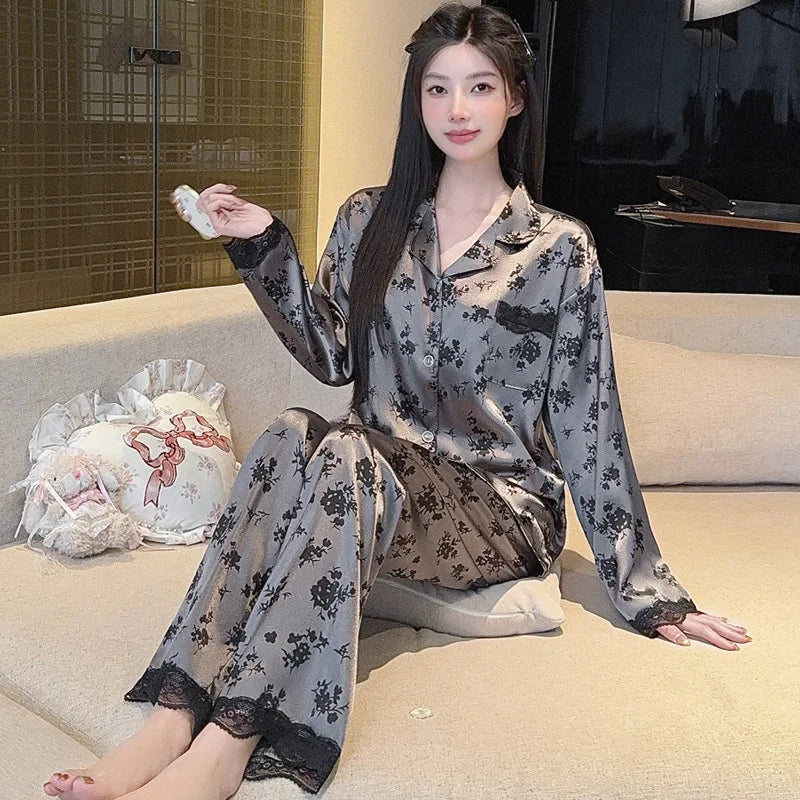 Spring New Women's Long Sleeved Ice Silk Sleepwear Home Suit Set with Floral Lace Loose Sleepwear Home Suit Long Sleeved Set