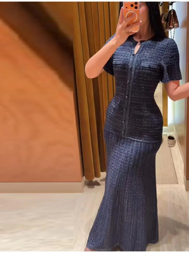 Cinched Waist Sequin Maxi Dress for Women Round Neck Short Sleeved Knitted Dresses 2026 NEW Hollow Out Single Breasted Midi Robe