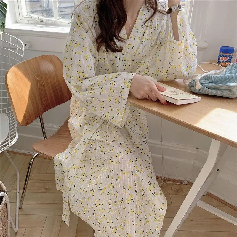 Korean Style Floral Pajamas Spring and Summer Sweet Bow Tie Pajama Girl Long Sleeved Trousers Student Dormitory Home Clothes Hot