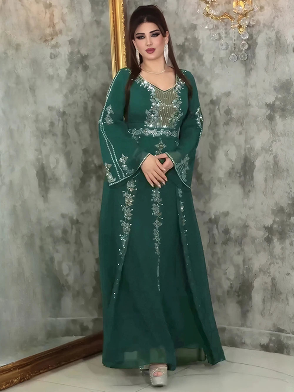 Ruffle Sleeve Chiffon Dresses Elegant Women Wedding Party Evening Gown African Dashiki Diamond Abaya Clothes Dubai Turkey Dress