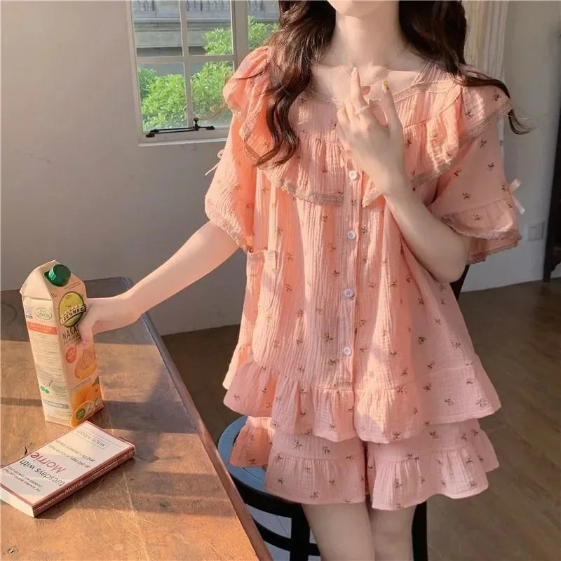 INS style women's summer new sweet floral high-quality short-sleeve shorts with bowtie girl homewear