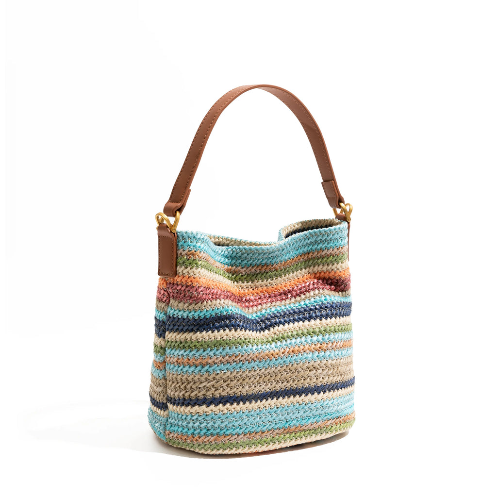 In Stock Colored Striped Tote Bag Leather Top Handle Daily Mobile Phone Wallet Korean Luxury Design Tote Bag Handbag