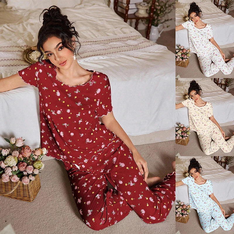 New European and American style loose-fitting women's pajamas, floral short-sleeved long pants home wear, casual two-piece set s