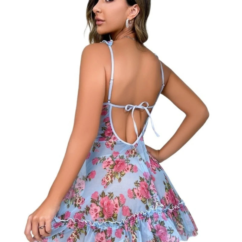 Sexy Lingerie  Women's Halter-top Floral Dress  French-style Printed Nightgown  Womens Sleepwear Sleeping Clothes Sexy Sleepwear