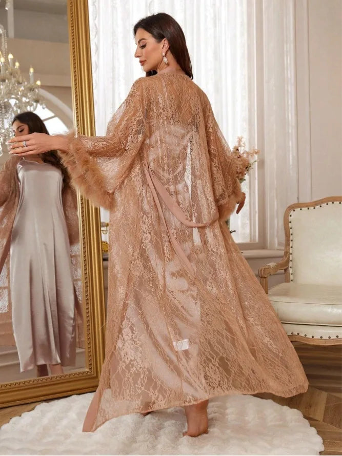 Luxury Party Night Dress Set Women Sexy Mesh Lace Floral Kimono Robe Gown Long Bathrobe Intimate Lingerie Satin Sleepwear