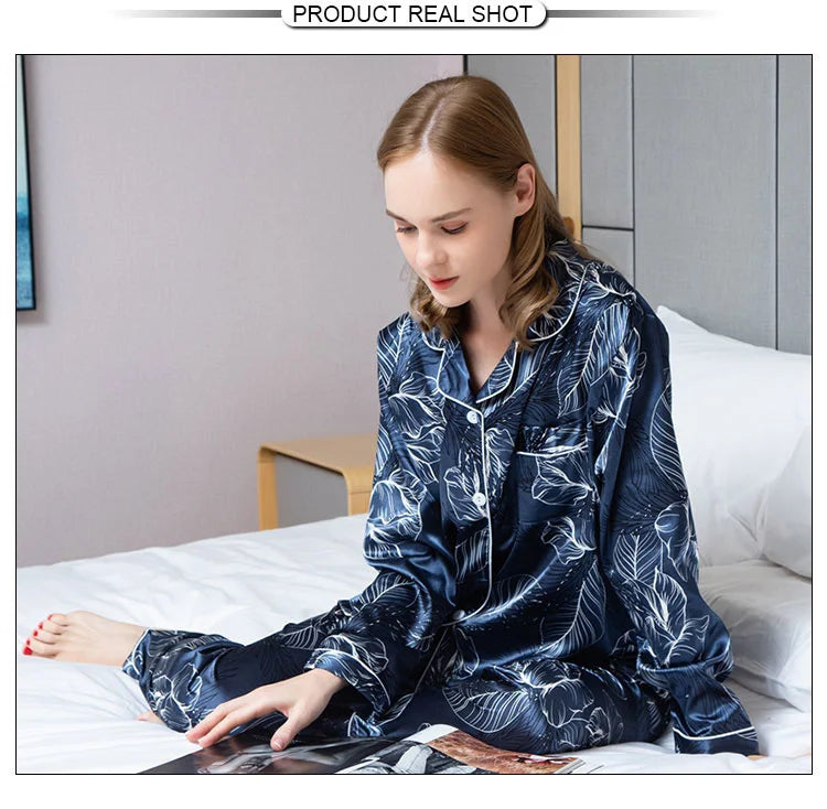 Spring Autumn pajama women Silk Satin pajamas set Long sleeve Shirt with Trouser Sleepwear Loungewear Female Pyjamas Suits Mujer