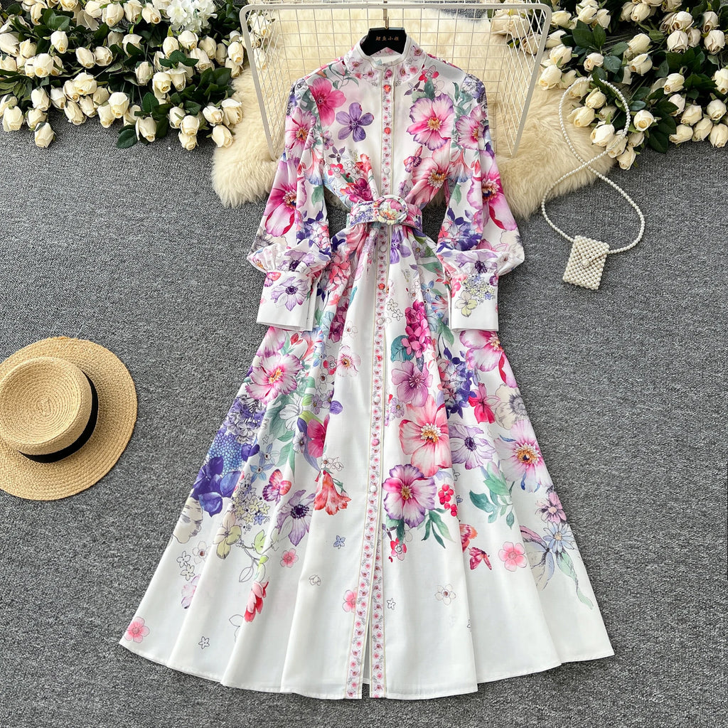 Runway 2025 Spring Summer Floral Print Long Shirt Dress Women's Turtleneck Lantern Sleeve Print Belt Casual Holiday Dress Female