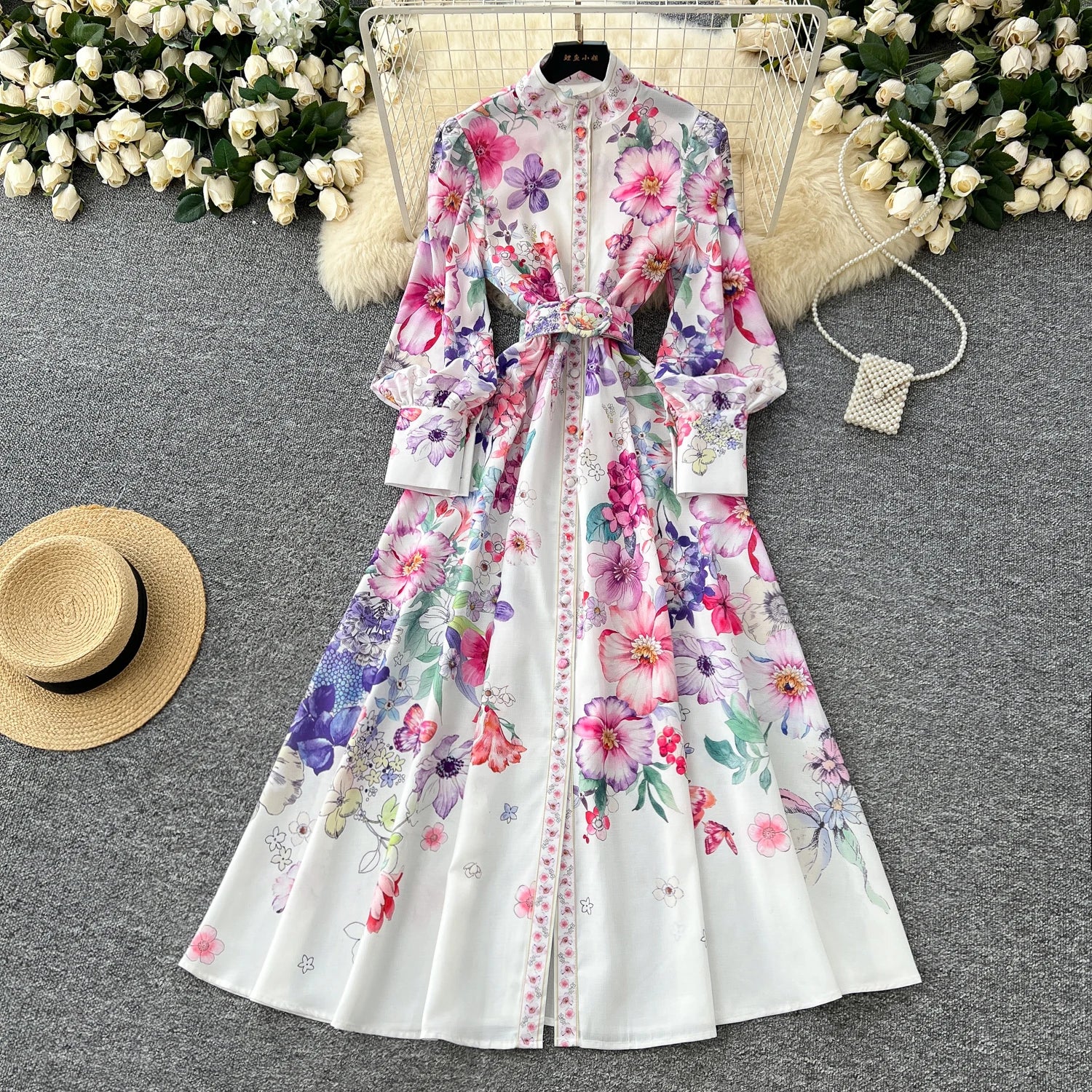 Runway 2025 Spring Summer Floral Print Long Shirt Dress Women's Turtleneck Lantern Sleeve Print Belt Casual Holiday Dress Female