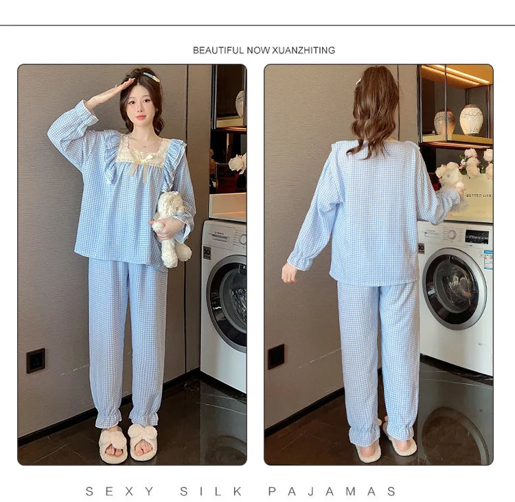 100kg Plus Size Cherry Print Pajama Women Korean Sweet Spring Long Sleeve Top Long Pants Plaid Homewear Princess Loose Outfits