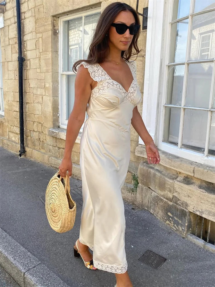 Tossy Fashion Satin Lace Long Dress Women V-Neck Patchwork Hollow Out Sleeveless Lace-Up Dress Evening Female Autumn Maxi Dress