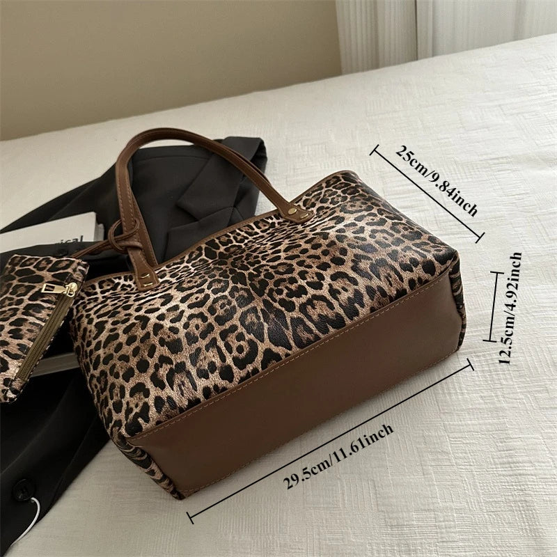 Women's Leopard Print Tote bag Pu Leather Underarm Bags Simple Casual Travel Shopping Bag Large Capacity Mother and Child Packag