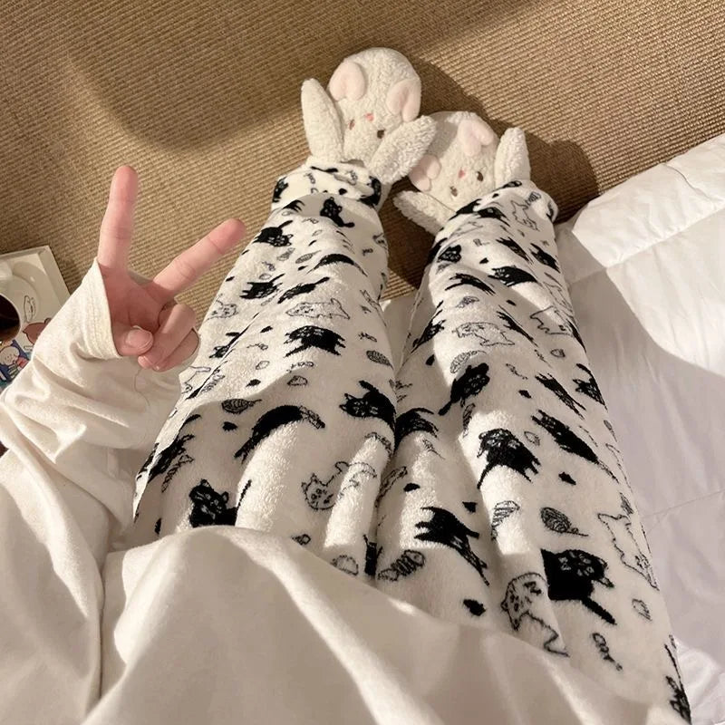 Black Cat Cartoon Pajamas Pants Kawaii Christmas PJS Korean Women Winter Warm Fluffy Flannel Sleepwear Girls Cute PJ Pants