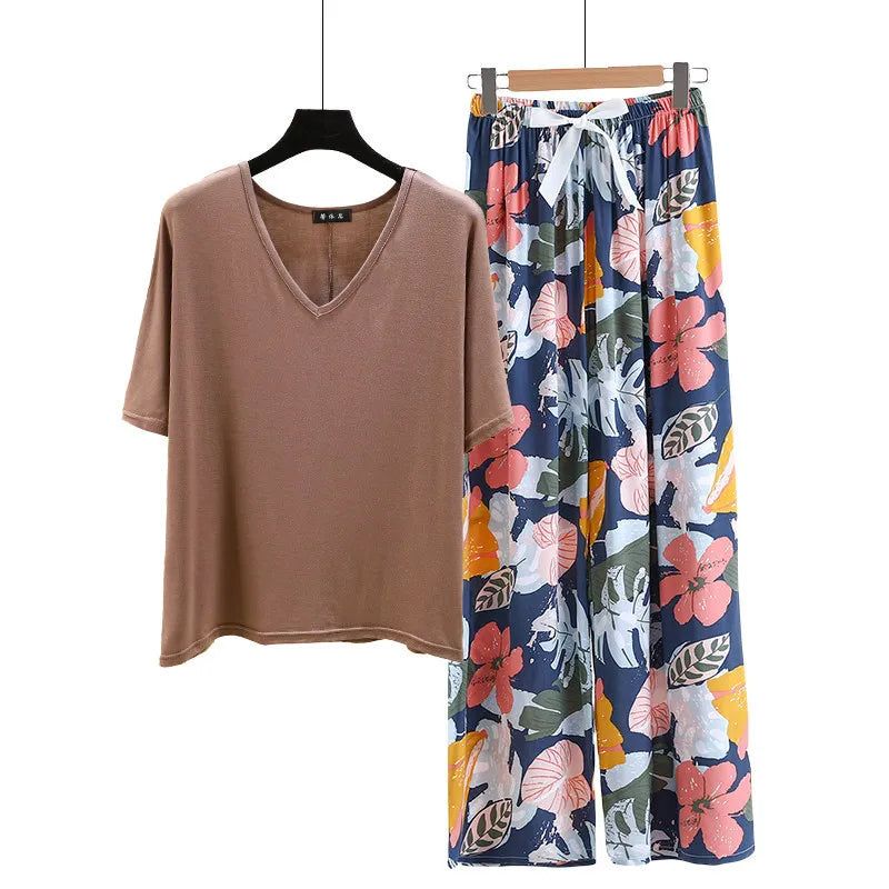 V Neck Tshirt with Poplin Floral wide leg pants summer cool pajamas sets Loose casual homewear suit Rayon Loungewear all match