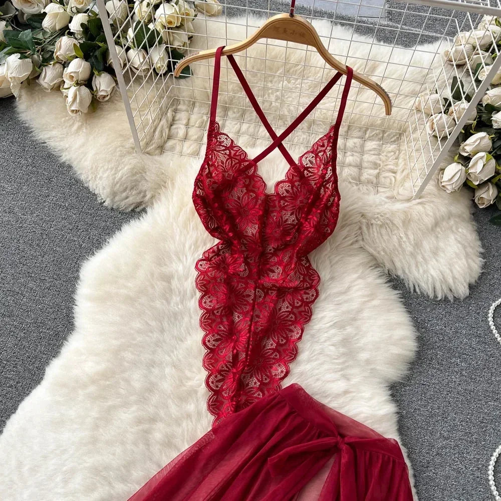 new Women's Multicolour Transpar Sexy Charming Flowing Mesh Long Skirt With Girls V-neck Lace Hollowed out Flower Top Two Pieces