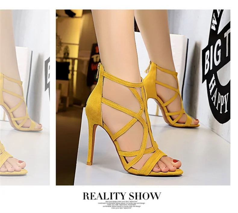 Women Roman style Thin High Heels Pumps Pointed Toe Suede Hollow Strap Party Shoes Solid Solid Ankle Zip Summer Sandals