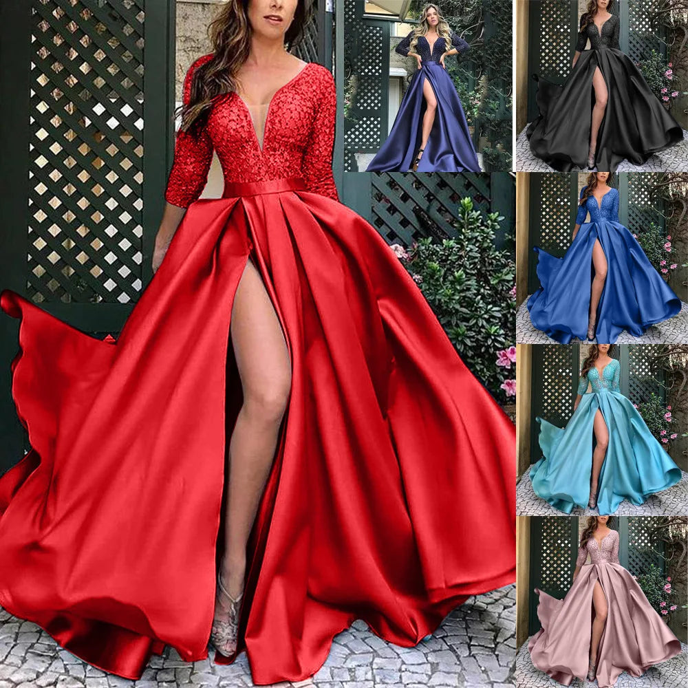 Women's Lace Sequin Swing Dress, Sexy Long Dresses, Evening Party, Banquet, Summer Clothing, Maxi, Long, Sexy
