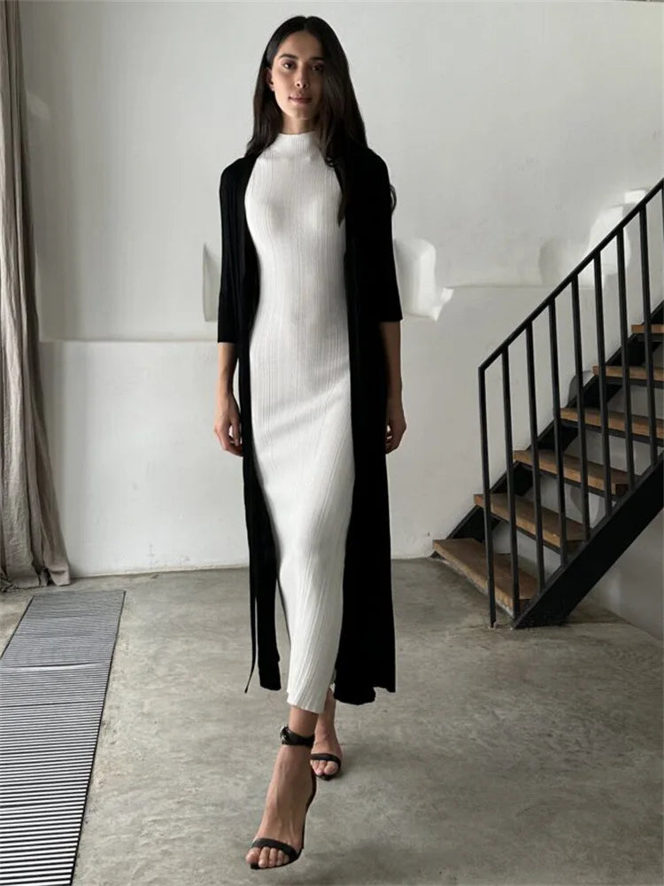 2025 Spring Sleeveless Knitwear Turtleneck Long Dress Female Slim Elegant Fashion Autumn Ribbed Knit Dress For Women Maxi Dress
