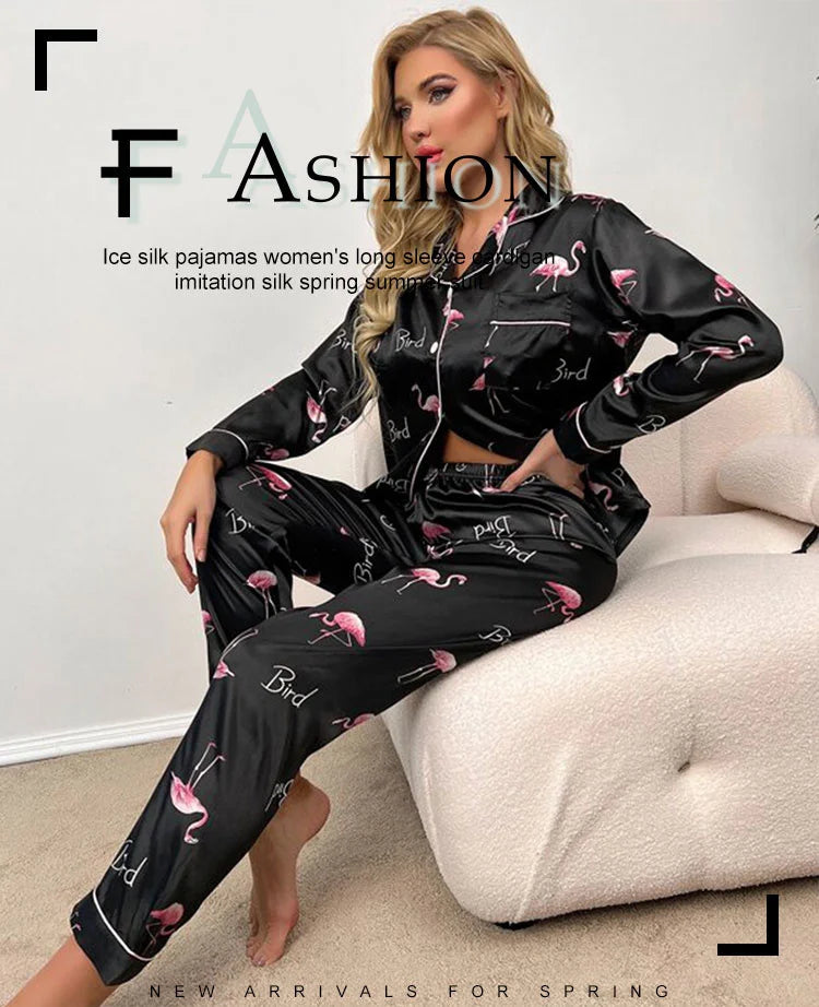 Spring Autumn pajama women Silk Satin pajamas set Long sleeve Shirt with Trouser Sleepwear Loungewear Female Pyjamas Suits Mujer