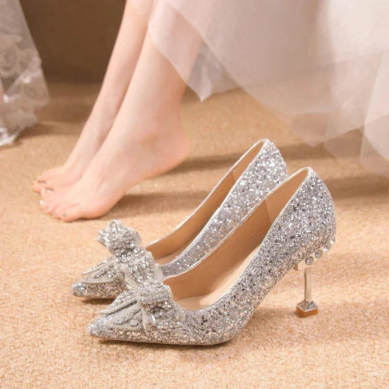 New  Women's Rhinestone Wedding Shoes Year Shoes Luxury Buckle Decorative Banquet Women's Shoes High Heels Gold Silver Red