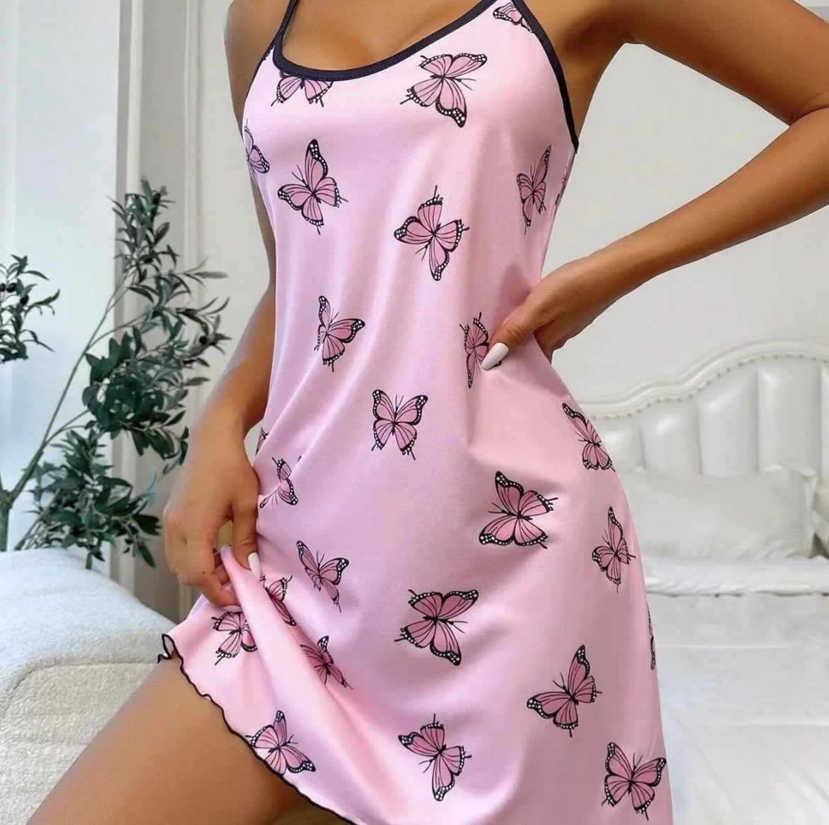 Ladies Sexy Floral Print Chemise Nightgown Dress Home Comfortable Sleepwear Milk Silk Polyester round Neck Sleeveless Dress