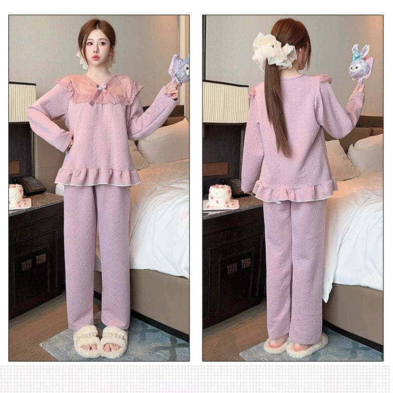 M-5XL Large Size Princess Sle Pajamas Set Women Autumn Long Sleeve Pants Home Clothes Lace Trim Solid Spwear Two Piece Set
