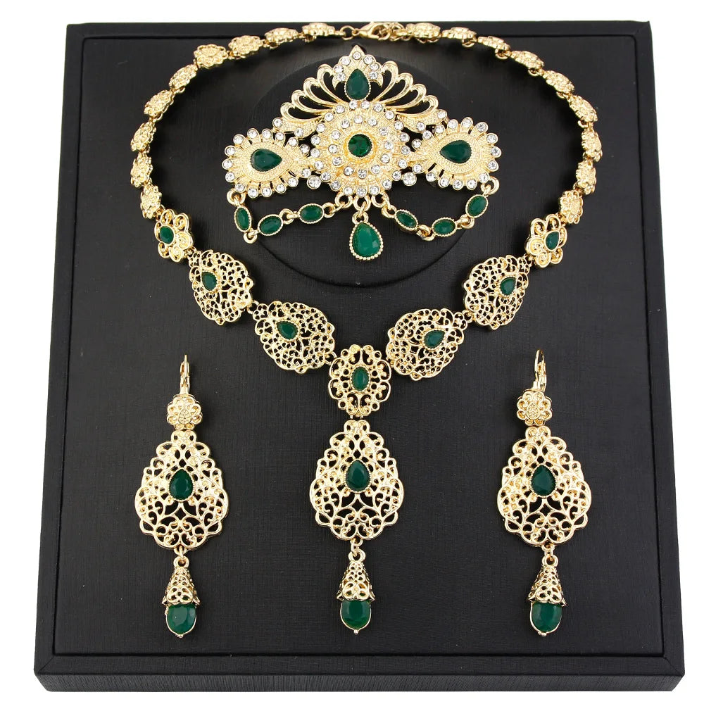 Sunspicems Chic Morocco Bride Jewelry Sets Gold Color Arabia Drop Earring Choker Necklace Caftan Brooch Sets 3Pcs Hollow Flower