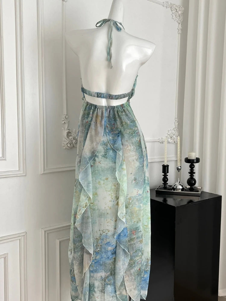 2025 Elegant Halter Neck Ruffled Maxi Dress Women Blue Green Floral Print Bohemian Design Beach Vacation Casual Party Dress New