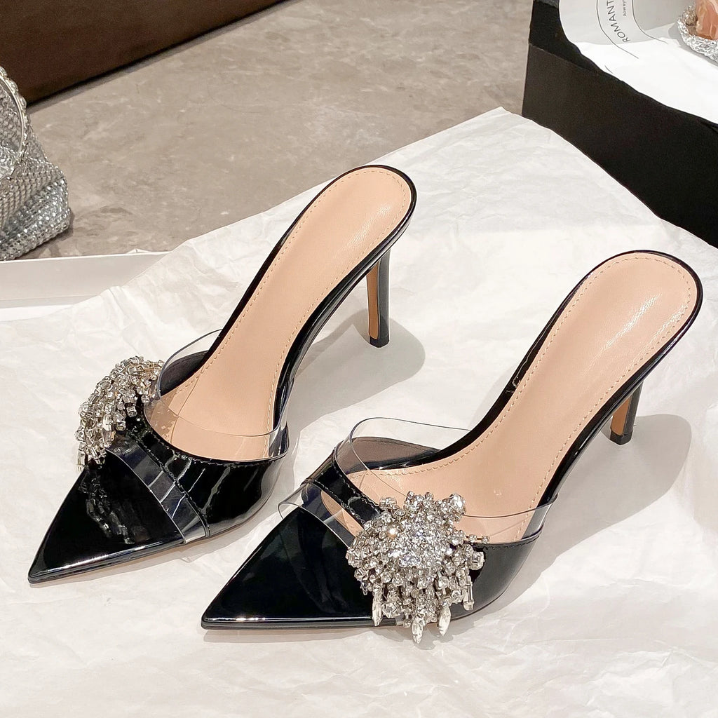 Sexy lady 2026 Diamond-Encrusted Pointed-Toe Mules Women's Sandals Transparent High Heels Sexy Thin Heel Versatile Slipperss