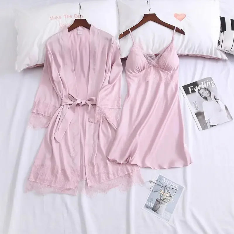 2PCS Pajamas Set White Women V-Neck Sleepwear M-XL Lace Kimono Sexy Nightshirts Flower Nightwear Robe Gown Sleep Suit Nightgown
