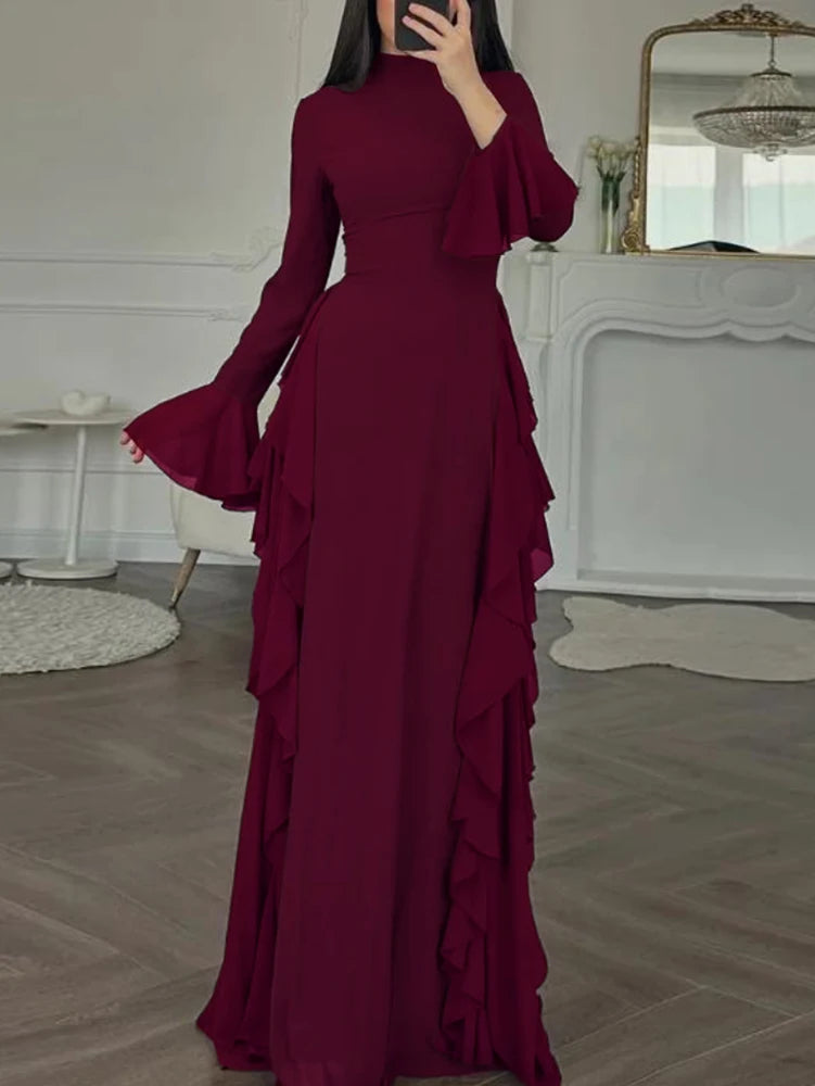 2025 European and American Women's Elegant Casual High-Waisted Solid-Colour Bell-Sleeve Dress Long Dress with Long Sleeves