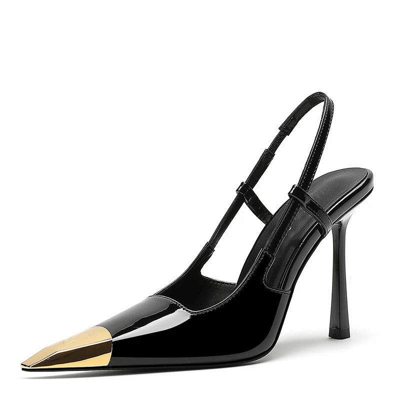 New Summer Women's High-heeled Sandals Gold Iron Head Patent Leather Black Stiletto Square Head Closed Toe Sling Back Shoes