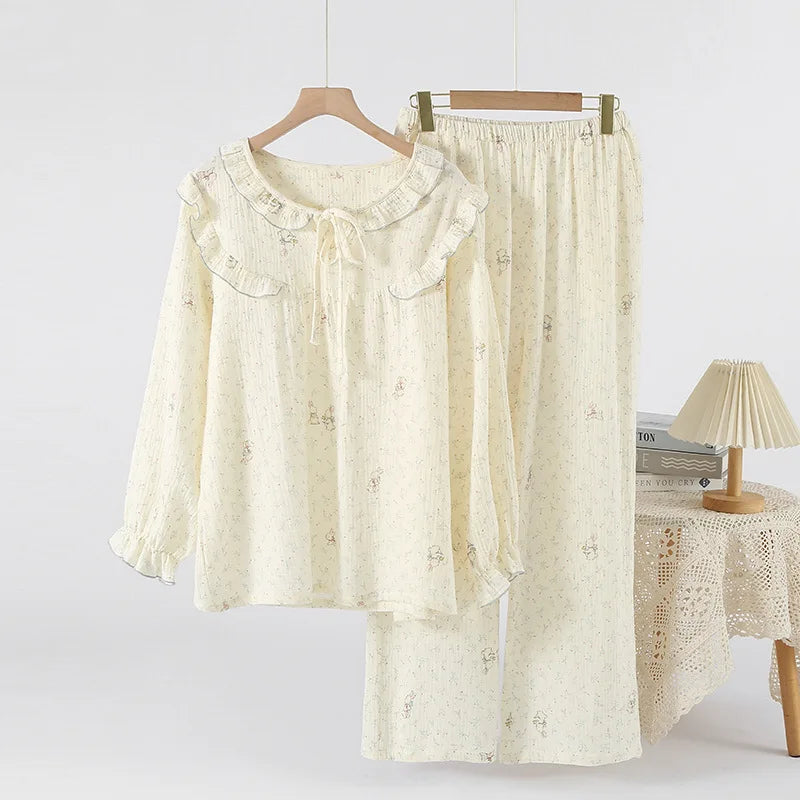 National Style Bamboo Fiber Flower Spring and Summer Women's Long Sleeved Pants Loose Pajamas Set