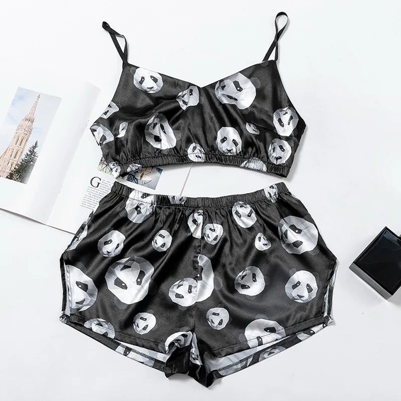 Cute Summer 2 Piece Set Women's Sexy Sleepwear Casual Satin Pajamas Female Cartoon Print Sleeveless Nightwear Homewear