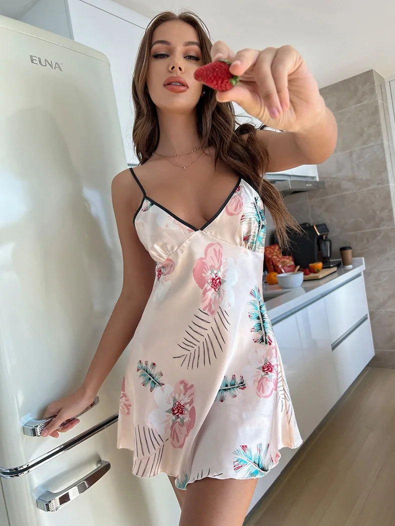 Sexy V-Neck Nightdress Print Flower Suspender Nightgown Summer New Female Sleepwear Bathrobe Gown Silk Satin Home Dressing Gown