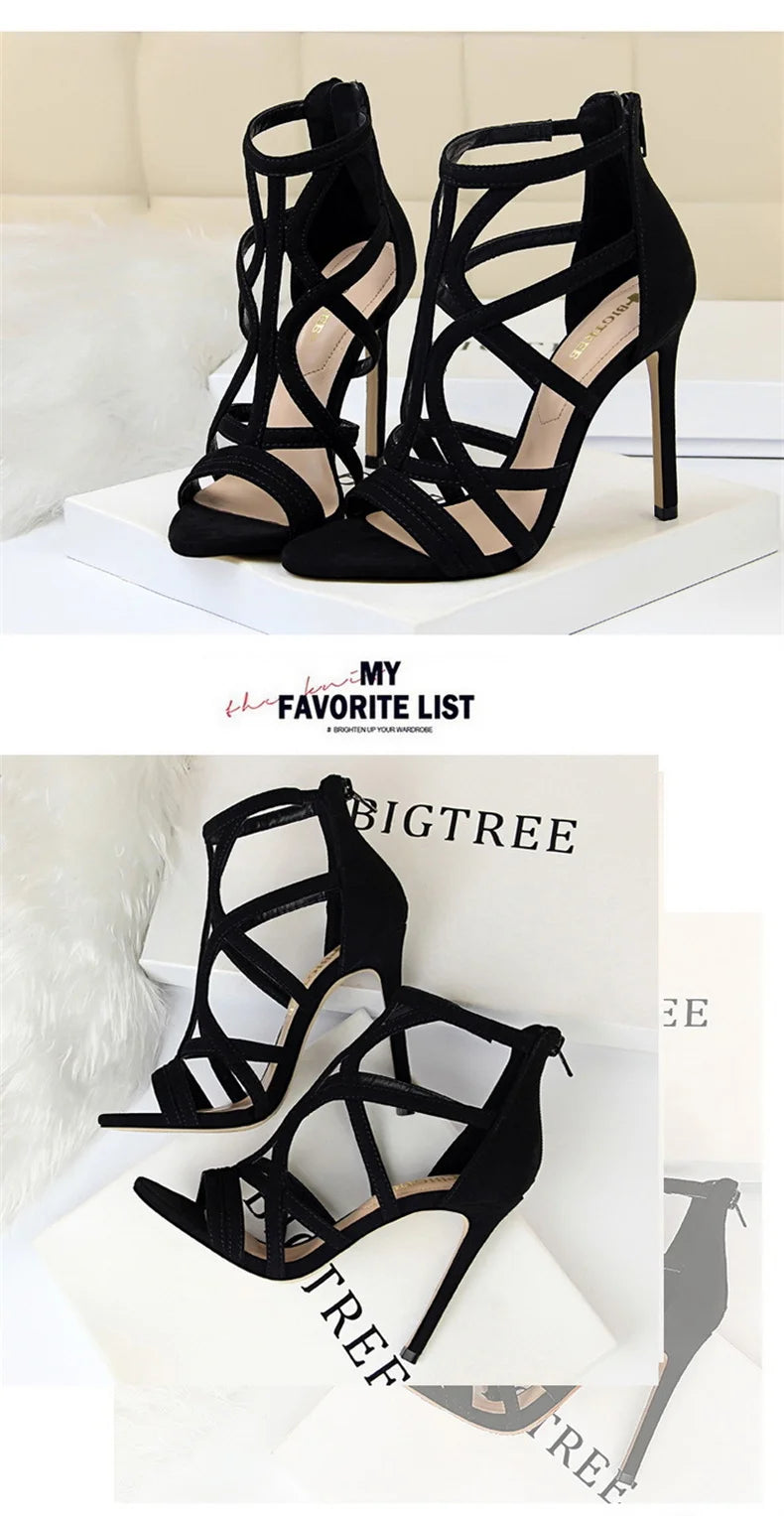 Women Roman style Thin High Heels Pumps Pointed Toe Suede Hollow Strap Party Shoes Solid Solid Ankle Zip Summer Sandals