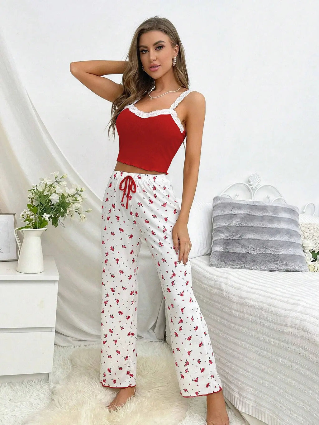 2PCS Pajamas Sets Women Sleepwear Autumn Winter Sleeveless Casual Floral Printed Tops and Trouses Homewear Loungewear