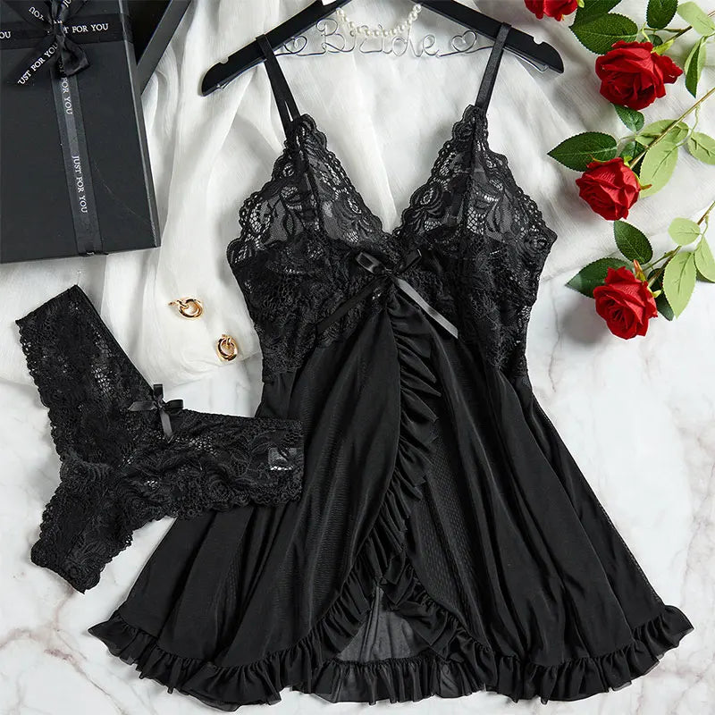 Transparent Ultra-short Dress Sexy Lingerie Lightweight Deep V Sling Nighty Loungewear Women's Pajamas Lace Nightdress Female