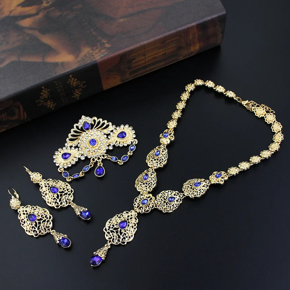 Sunspicems Chic Morocco Bride Jewelry Sets Gold Color Arabia Drop Earring Choker Necklace Caftan Brooch Sets 3Pcs Hollow Flower