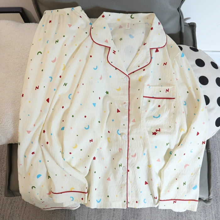 Flower Print Women Autumn Two Piece Pajama Set Long Sleeve V Neck Top & Elastic Waist Pants 2 Pieces Female Sleepwear Nightwear