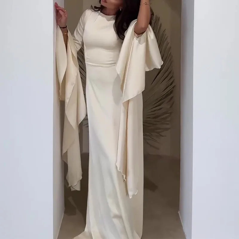 Women Cocktail Party Dress Big Swing Middle Eastern Long Floating Sleeves Slim Empire Lady Banquet Solid Maxi Clothing