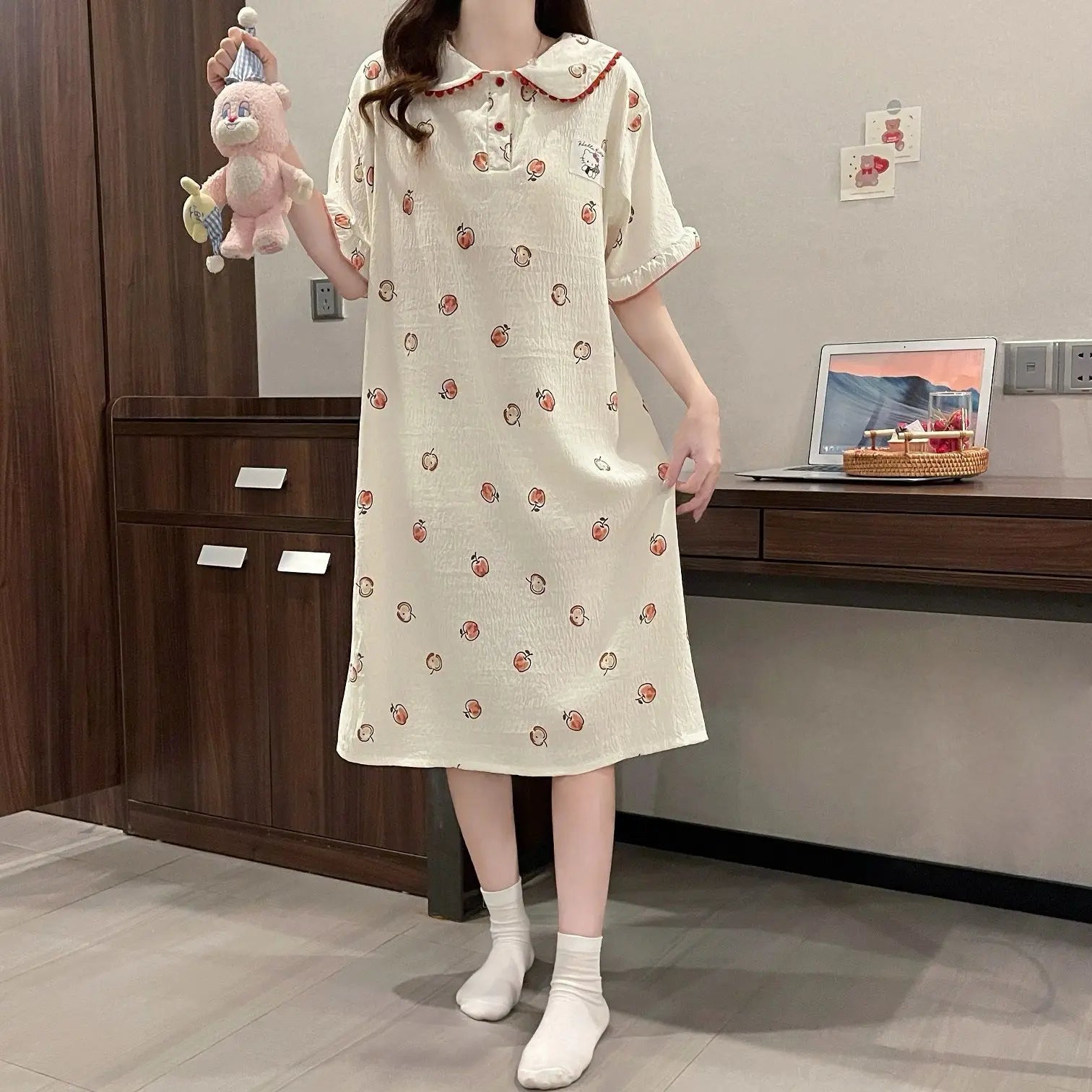 Sanrio Hello Kitty Cute Pajamas Dress Woman Night Skirt Summer Sleep Skirt Short Sleeve Nightie Long Dresses Sleepwear Home Wear