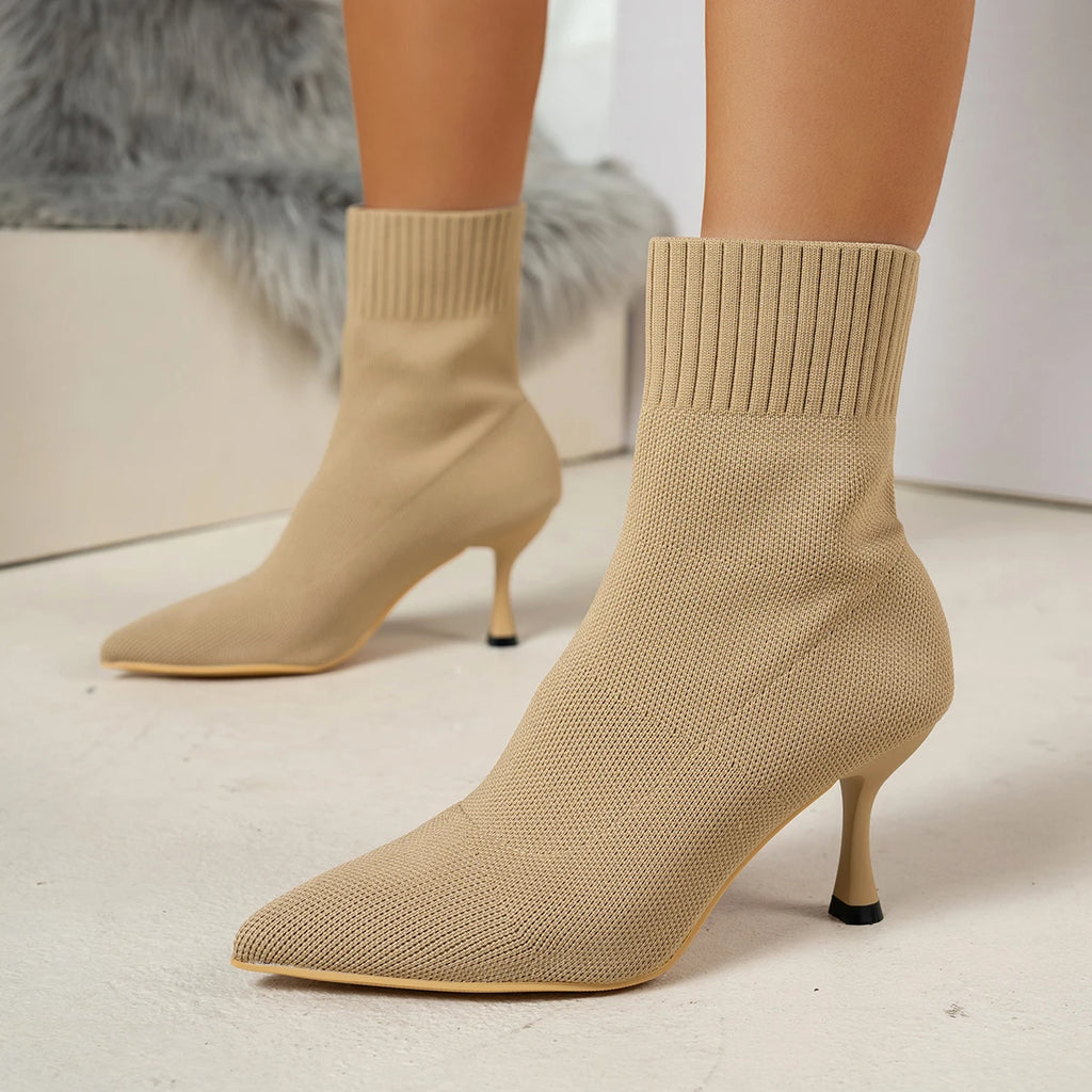 Spring Autumn Women Ankle Boots Slip-On Green Chelsea Boots Women Luxury Stretch Fabric Women Socks Shoes Pointed Toe High Heels