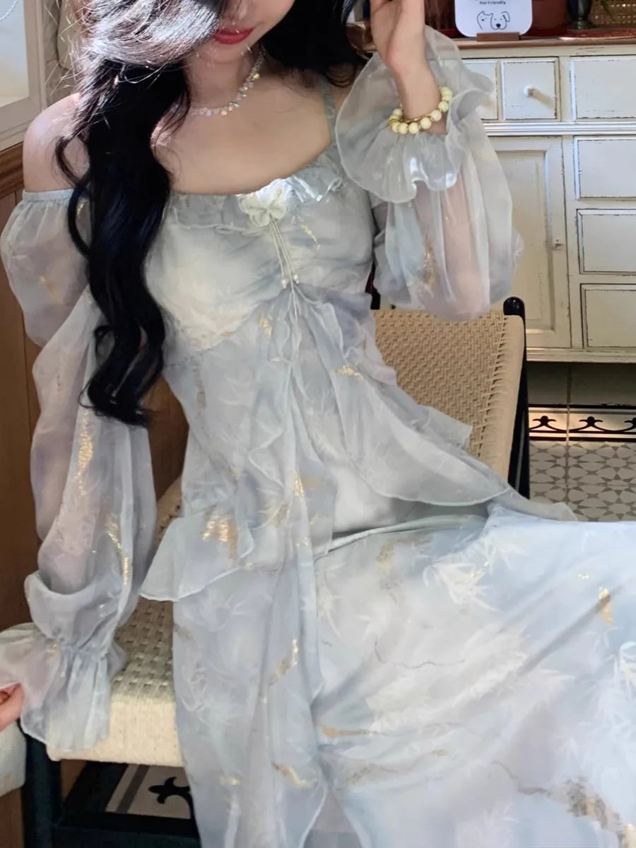Summer Elegant Print Fairy Long Chiffon Dresses Women Off Shoulder Ruffles A-Line Birthday Party Dress One Piece Vestidos New