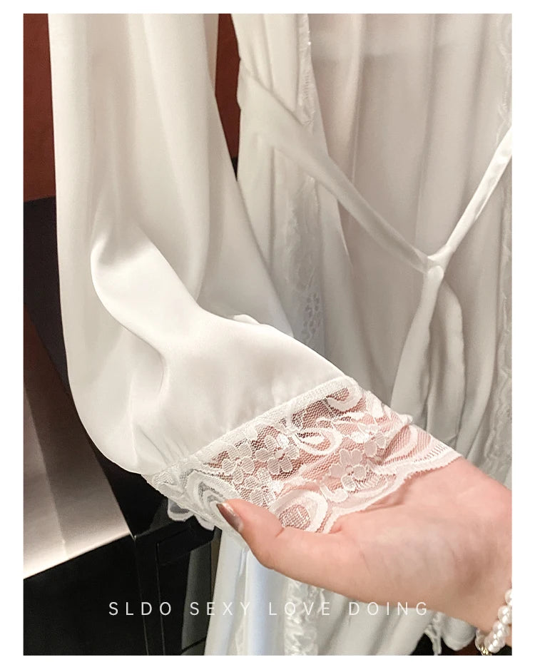 Wedding Bridal Bathrobe Big Lace Flower Nightie Wear Women Satin Kimono Long Loose Peignior Spring Autumn New Intimate Lingerie