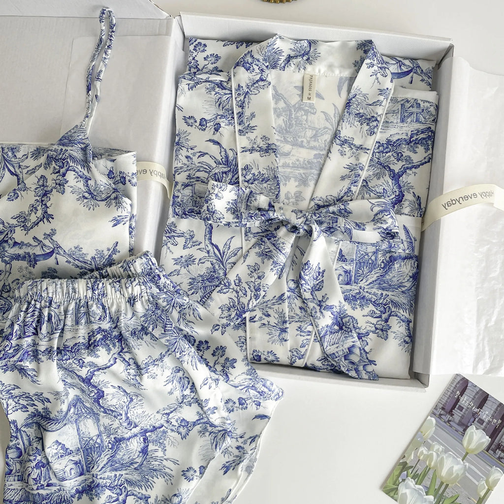 Women Sleepwear 3PCS Pajamas Set Lingerie Print Flower Bath Robe Gown Nightwear Summer Loose Satin Lounge Wear Home Clothes