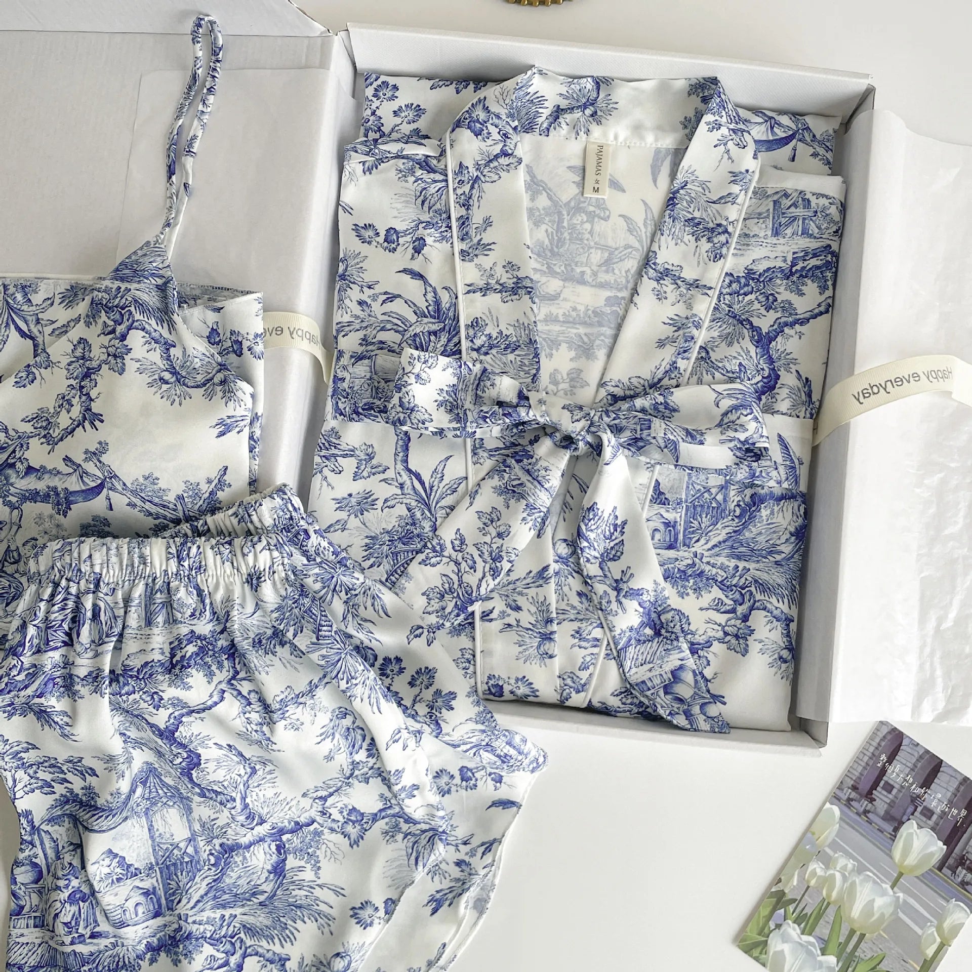 Women Sleepwear 3PCS Pajamas Set Lingerie Print Flower Bath Robe Gown Nightwear Summer Loose Satin Lounge Wear Home Clothes