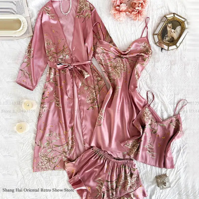 Oversize Pijama Mujer Print Flower 4Pcs Robe Pajama Set Loungewear Summer New Ice Silk Kimono Bathrobe Gown Loose Women Homewear