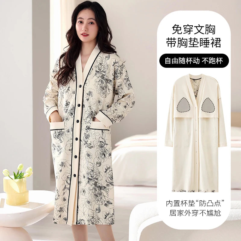 Big Size M-5XL Spring and Autumn Women Nightdress With Chest Pad Femme Knited Cotton Nightwear Floral Nightgown