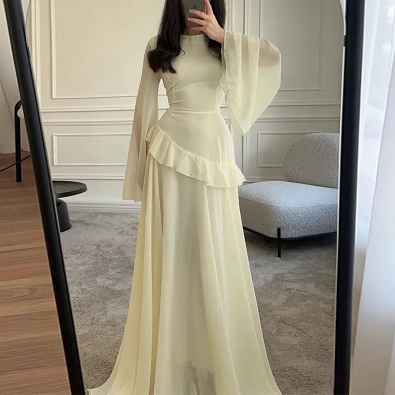 Robes for Woman Elegant O Neck Solid Ruffles Party Pleated Dress Spring Autumn Flare Sleeve Tie-up Slim Female Clothing Vestidos