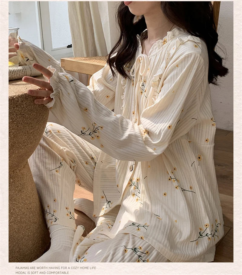 Cotton Women's Pajamas Set Floral Printed Long Sleeve Sleepwear Home Clothes Casual Ladies Nightwear Sleeping Pyjamas Suit